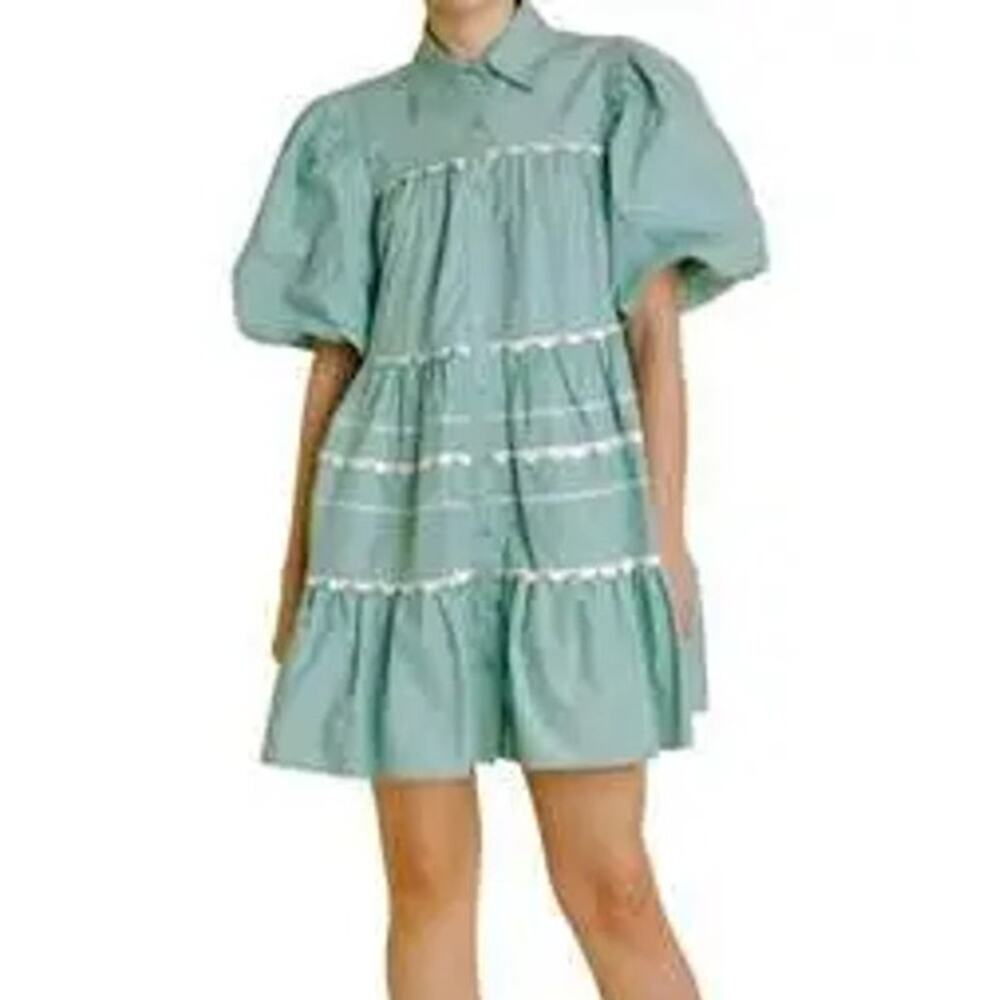 Aureum Tea Time Puff Sleeve Babydoll Mini Shirt Dress Blue Women's Size Medium